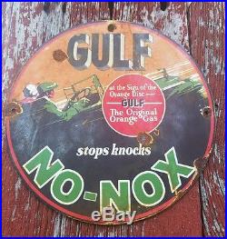 Old vintage Gulf No nox sign gas oil race car motorcycle pump plate rare