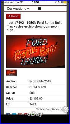 Original Ford Bonus Built Trucks Vintage Neon Sign 1950's Dealership Parts Only