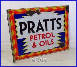 Original Vintage c1930 Pratts Petrol & Oils Double Sided Enamel Sign
