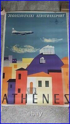 Original vintage aviation travel poster Athens by Yugoslav airline JAT