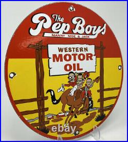 Porcelain Sign Vintage Pep Boys Western Motor Oil Gas Station Pump Plate Auto