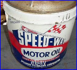 RARE RACE CAR GRAPHIC 1940s Vintage SPEED-WAY MOTOR OIL Old 5 gal. Tin Oil Can