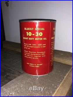 RARE VINTAGE Blakely Race Car Motor OIL CAN GRAPHIC Quart Motor Oil Can FULL