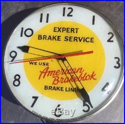 RARE VTG. 1950s AMERICAN BRAKEBLOK BRAKE SERVICE WALL CLOCK-JUST QUIT WORKING