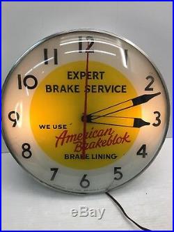 RARE VTG. 1950s AMERICAN BRAKEBLOK BRAKE SERVICE WALL CLOCK-JUST QUIT WORKING