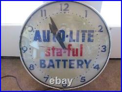 RARE Vintage Auto-lite Sta-Ful Battery Wall Clock Original Working Glass Ad Sign