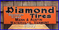 RARE Vintage DIAMOND TIRES Car Motorcycle Dealer Tin Embossed Sign 28x10