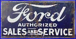 Rare Size! 72 x 35 1/2 Vintage FORD SALES AND SERVICE PORCELAIN SIGN Car Gas