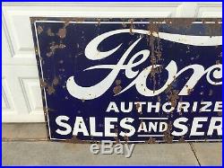 Rare Size! 72 x 35 1/2 Vintage FORD SALES AND SERVICE PORCELAIN SIGN Car Gas