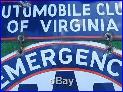 Rare Vintage Automobile Club of Virginia AAA Emergency Service Porcelain Sign