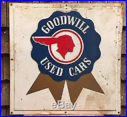 Rare Vintage Blue Ribbon Indian Head PONTIAC Goodwill Used Cars Dealer Sign