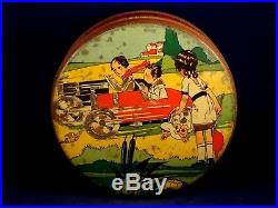 VERY RARE Antique old vintage tin box biscuits pedal car racing children 30's
