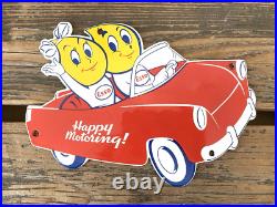VINTAGE 10x7 ESSO BOY & GIRL Happy Motoring! CAR GASOLINE PORCELAIN GAS SIGN