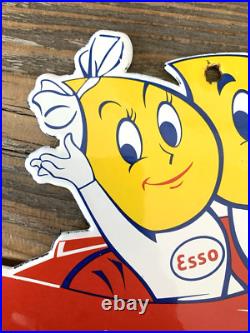 VINTAGE 10x7 ESSO BOY & GIRL Happy Motoring! CAR GASOLINE PORCELAIN GAS SIGN