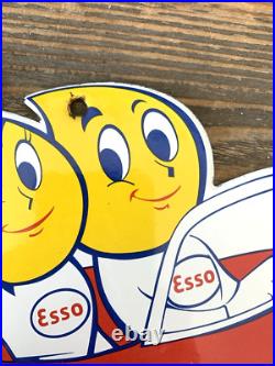 VINTAGE 10x7 ESSO BOY & GIRL Happy Motoring! CAR GASOLINE PORCELAIN GAS SIGN