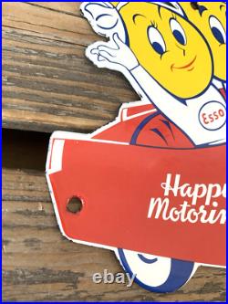 VINTAGE 10x7 ESSO BOY & GIRL Happy Motoring! CAR GASOLINE PORCELAIN GAS SIGN