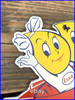 VINTAGE 10x7 ESSO BOY & GIRL Happy Motoring! CAR GASOLINE PORCELAIN GAS SIGN