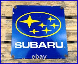 VINTAGE 12x12 SUBARU LOGO SUBIE SALES & SERVICE GAS STATION PORCELAIN OIL SIGN