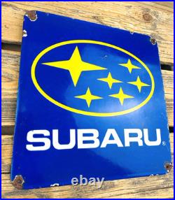 VINTAGE 12x12 SUBARU LOGO SUBIE SALES & SERVICE GAS STATION PORCELAIN OIL SIGN