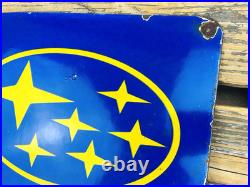 VINTAGE 12x12 SUBARU LOGO SUBIE SALES & SERVICE GAS STATION PORCELAIN OIL SIGN