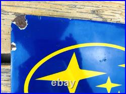 VINTAGE 12x12 SUBARU LOGO SUBIE SALES & SERVICE GAS STATION PORCELAIN OIL SIGN