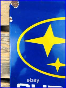 VINTAGE 12x12 SUBARU LOGO SUBIE SALES & SERVICE GAS STATION PORCELAIN OIL SIGN