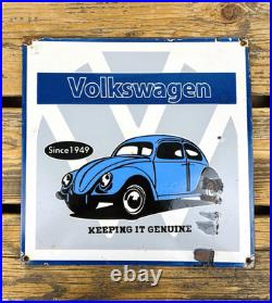 VINTAGE 12x12 VW VOLKSWAGEN GERMAN DEALER BEETLE GAS STATION PORCELAIN AD SIGN