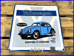 VINTAGE 12x12 VW VOLKSWAGEN GERMAN DEALER BEETLE GAS STATION PORCELAIN AD SIGN