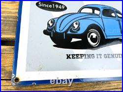VINTAGE 12x12 VW VOLKSWAGEN GERMAN DEALER BEETLE GAS STATION PORCELAIN AD SIGN