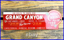 VINTAGE 12x4 GRAND CANYON AUTO LODGE CABINS PORCELAIN GAS PUMP STATION OIL SIGN