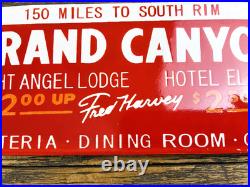 VINTAGE 12x4 GRAND CANYON AUTO LODGE CABINS PORCELAIN GAS PUMP STATION OIL SIGN