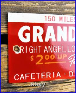 VINTAGE 12x4 GRAND CANYON AUTO LODGE CABINS PORCELAIN GAS PUMP STATION OIL SIGN