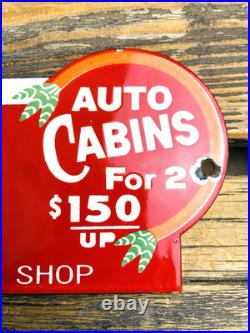 VINTAGE 12x4 GRAND CANYON AUTO LODGE CABINS PORCELAIN GAS PUMP STATION OIL SIGN