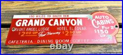VINTAGE 12x4 GRAND CANYON AUTO LODGE CABINS PORCELAIN GAS PUMP STATION OIL SIGN