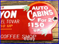 VINTAGE 12x4 GRAND CANYON AUTO LODGE CABINS PORCELAIN GAS PUMP STATION OIL SIGN