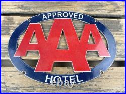 VINTAGE 16x8.5 AAA Hotel GAS PUMP STATION PORCELAIN GASOLINE MOTOR OIL SIGN
