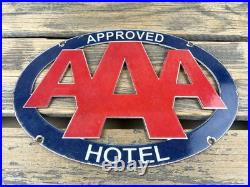 VINTAGE 16x8.5 AAA Hotel GAS PUMP STATION PORCELAIN GASOLINE MOTOR OIL SIGN