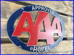 VINTAGE 16x8.5 AAA Hotel GAS PUMP STATION PORCELAIN GASOLINE MOTOR OIL SIGN