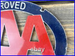 VINTAGE 16x8.5 AAA Hotel GAS PUMP STATION PORCELAIN GASOLINE MOTOR OIL SIGN