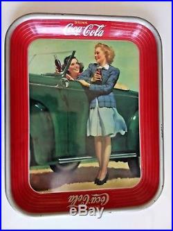 VINTAGE 1942 COCA COLA TIN TRAY Two Girls with a Car Original in EUC