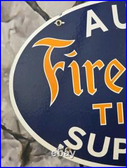 VINTAGE 1953 FIRESTONE TIRES PORCELAIN GAS AUTO CAR TIRE SERVICE SIGN 16.5x11