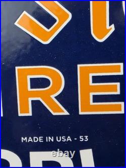 VINTAGE 1953 FIRESTONE TIRES PORCELAIN GAS AUTO CAR TIRE SERVICE SIGN 16.5x11