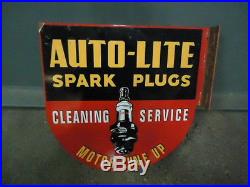 Vintage Auto-lite Spark Plugs Double Sided Flange Porcelain Sign