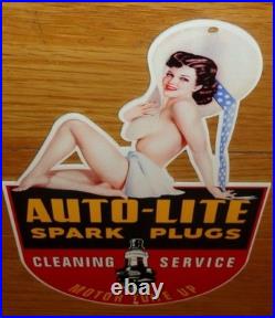 VINTAGE AUTO LITE SPARK PLUGS With WOMAN IN HAT! 13 METAL GASOLINE & OIL SIGN
