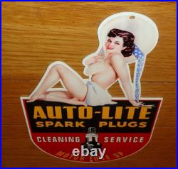 VINTAGE AUTO LITE SPARK PLUGS With WOMAN IN HAT! 13 METAL GASOLINE & OIL SIGN