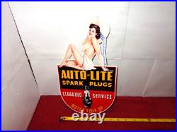VINTAGE AUTO LITE SPARK PLUGS With WOMAN IN HAT! 13 METAL GASOLINE & OIL SIGN