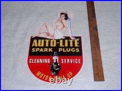 VINTAGE AUTO LITE SPARK PLUGS With WOMAN IN HAT! 13 METAL GASOLINE & OIL SIGN