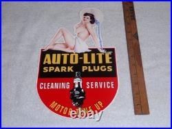 VINTAGE AUTO LITE SPARK PLUGS With WOMAN IN HAT! 13 METAL GASOLINE & OIL SIGN