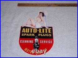 VINTAGE AUTO LITE SPARK PLUGS With WOMAN IN HAT! 13 METAL GASOLINE & OIL SIGN