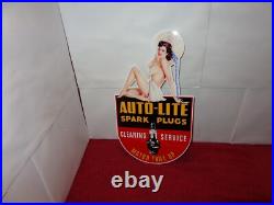 VINTAGE AUTO LITE SPARK PLUGS With WOMAN IN HAT! 13 METAL GASOLINE & OIL SIGN